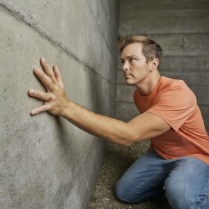 Image of man checking his basement wall.