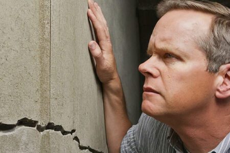 Image of man checking a crack in his basement wall.