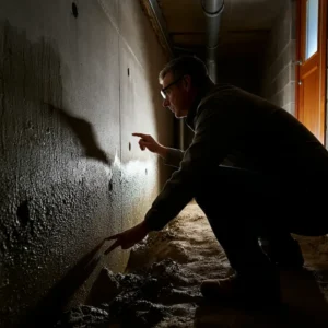 Man inspecting interior foundation wall