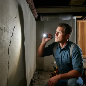 Image of man inspecting foundation wall cracks