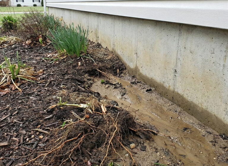 Severe soil erosion in a flower bed next to a house foundation, showing washed-out mud path and exposed plant roots caused by improper yard drainage.