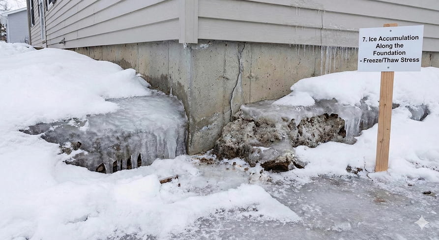 Winter ice accumulation and a foundation crack on an Edmonton home caused by freeze-thaw stress, showing the need for foundation repair.