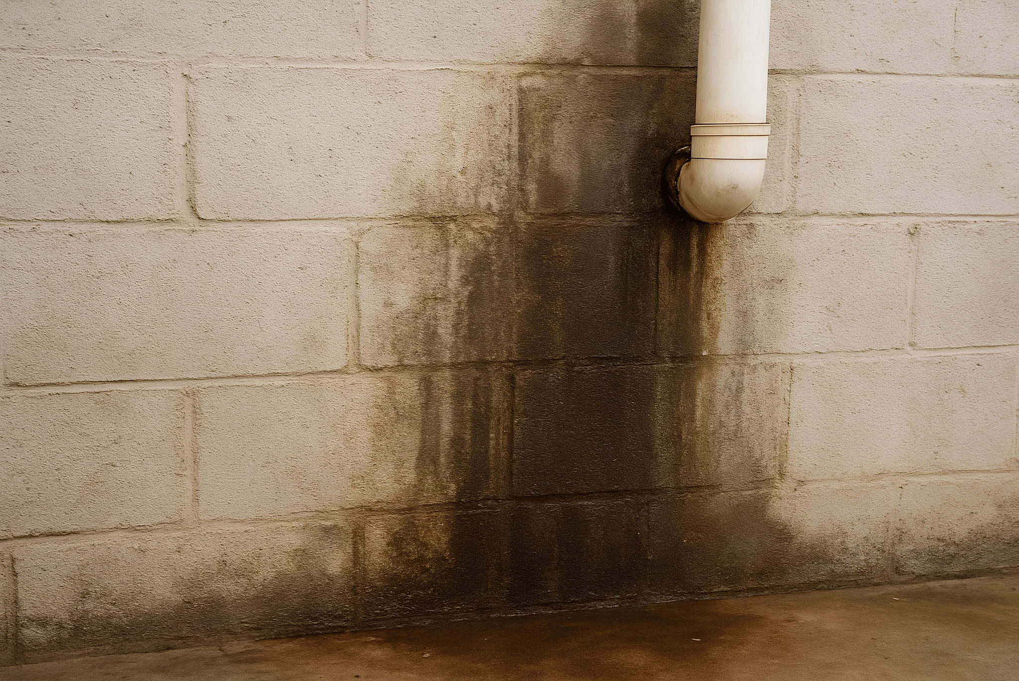 Water stain on a concrete basement foundation wall