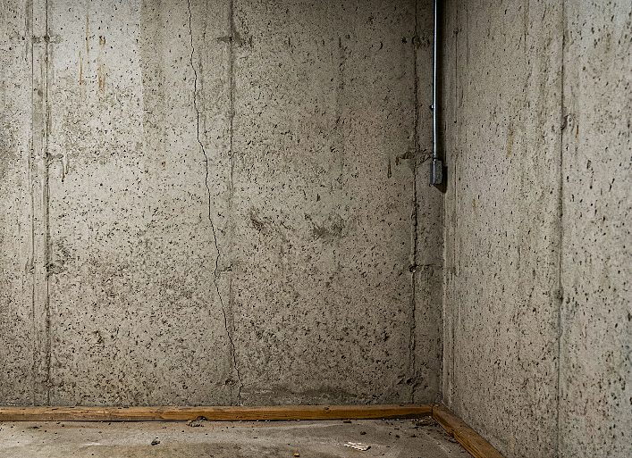 Thin hairline crack in a poured concrete basement foundation wall