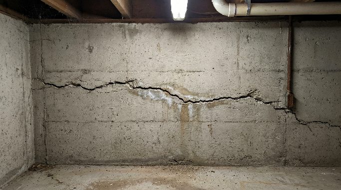 Horizontal crack across a basement foundation wall showing signs of pressure damage
