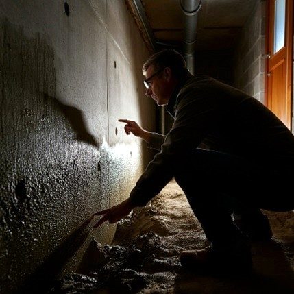 Water leaking through a crack in a basement foundation wall