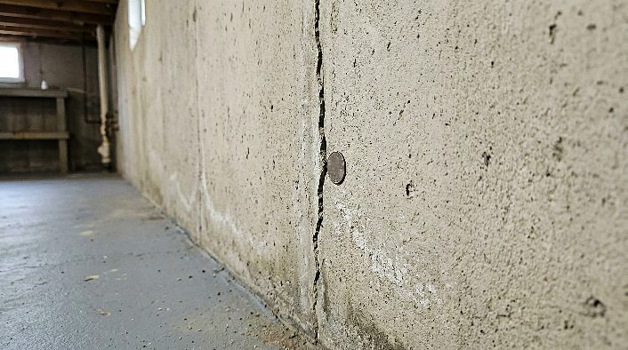 Vertical crack running up a basement foundation wall