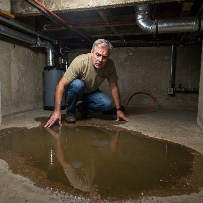 Homeowner inspecting water pooling on basement floor near foundation