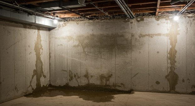 Homeowner inspecting water pooling on basement floor near foundation