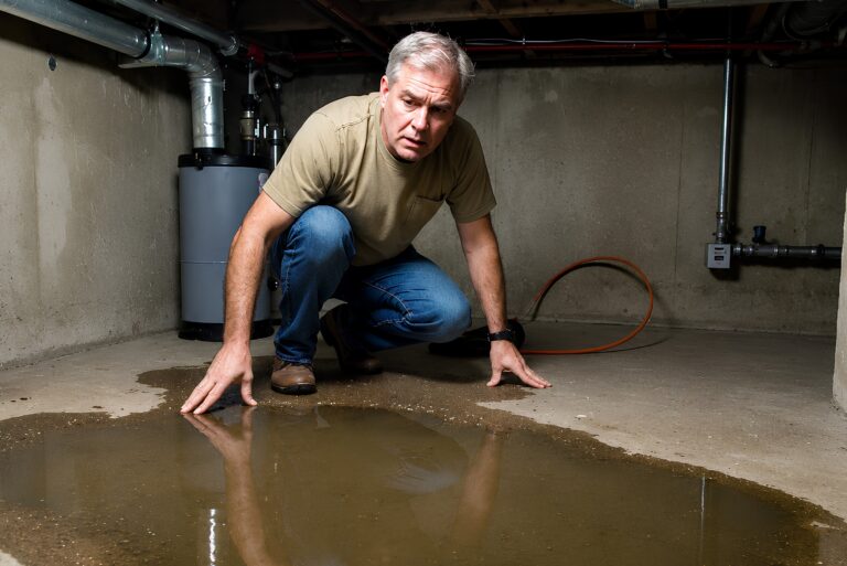 Homeowner inspecting standing water in a flooded basement