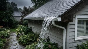 Rainwater overflowing from a gutter and downspout beside an Edmonton home's foundation during heavy rain