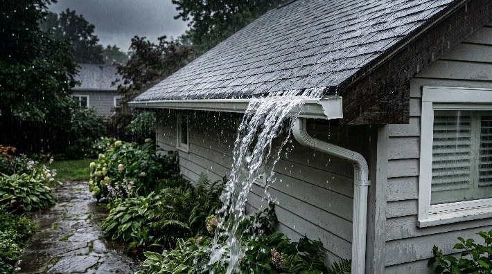 Rainwater overflowing from a gutter and downspout beside an Edmonton home's foundation during heavy rain