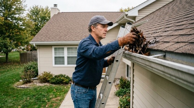 Homeowner on a ladder clearing leaves and debris from a roof gutter during a seasonal inspection
