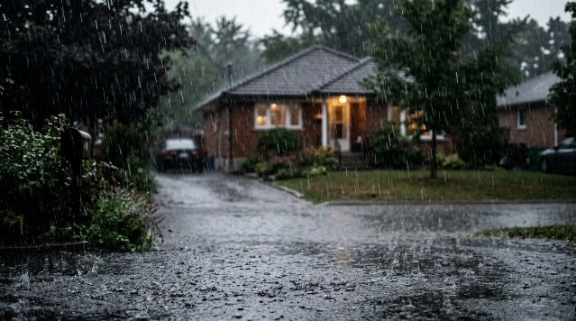 Heavy rain pooling on a residential street in front of an Edmonton home during a summer storm