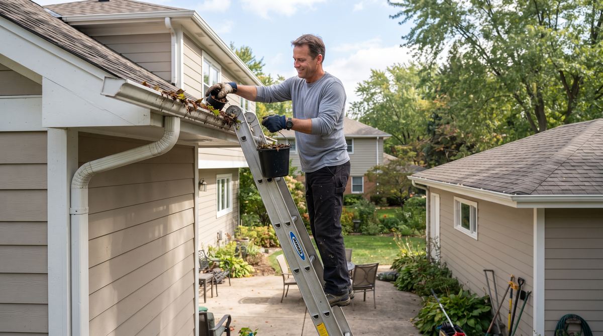 Man on a ladder scooping leaves and debris out of a roof gutter beside a downspout