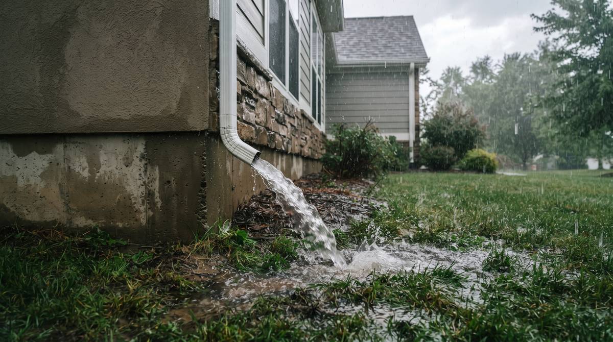 Downspout discharging roof runoff onto the lawn well away from a home's concrete foundation wall