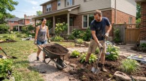 Couple digging a garden bed and hauling soil while landscaping the front yard of their home