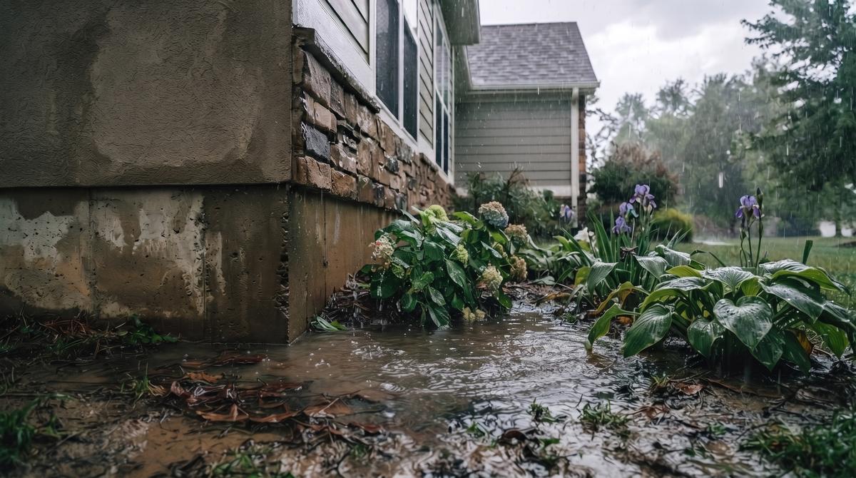 Rainwater pooling in a garden bed directly against the concrete foundation of a house during a storm