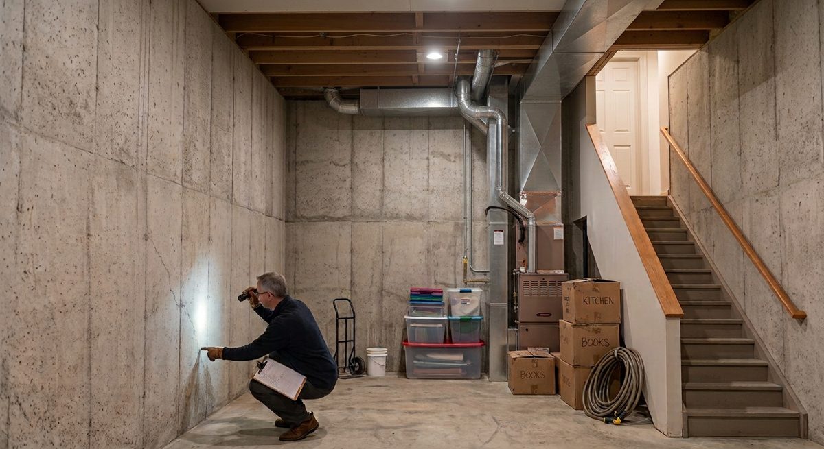 Man with a flashlight examining a crack in an unfinished basement's poured concrete wall