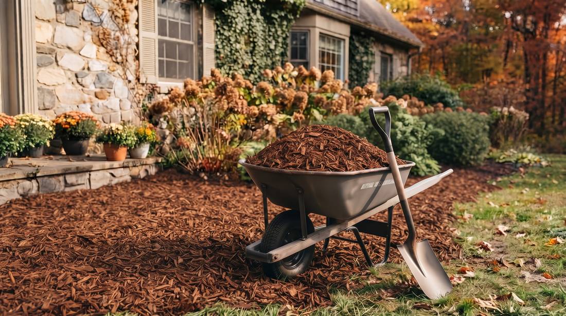Wheelbarrow of coarse wood chip mulch and a shovel beside an Edmonton garden bed