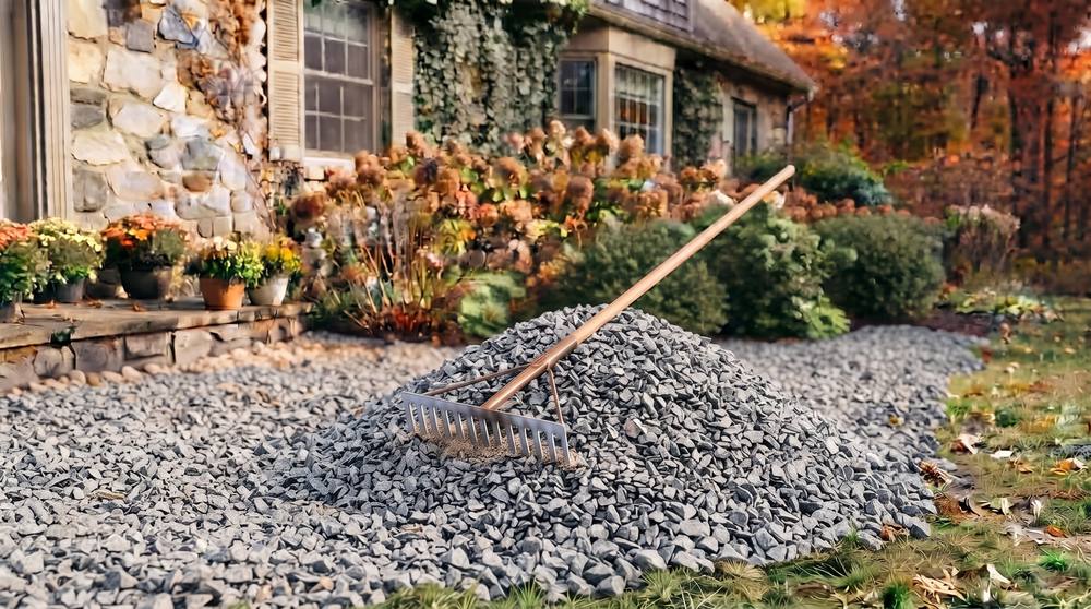 Pile of grey decorative rock and a rake beside a home's foundation garden