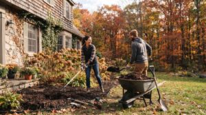 Couple spreading dark mulch in a garden bed beside a stone house in fall