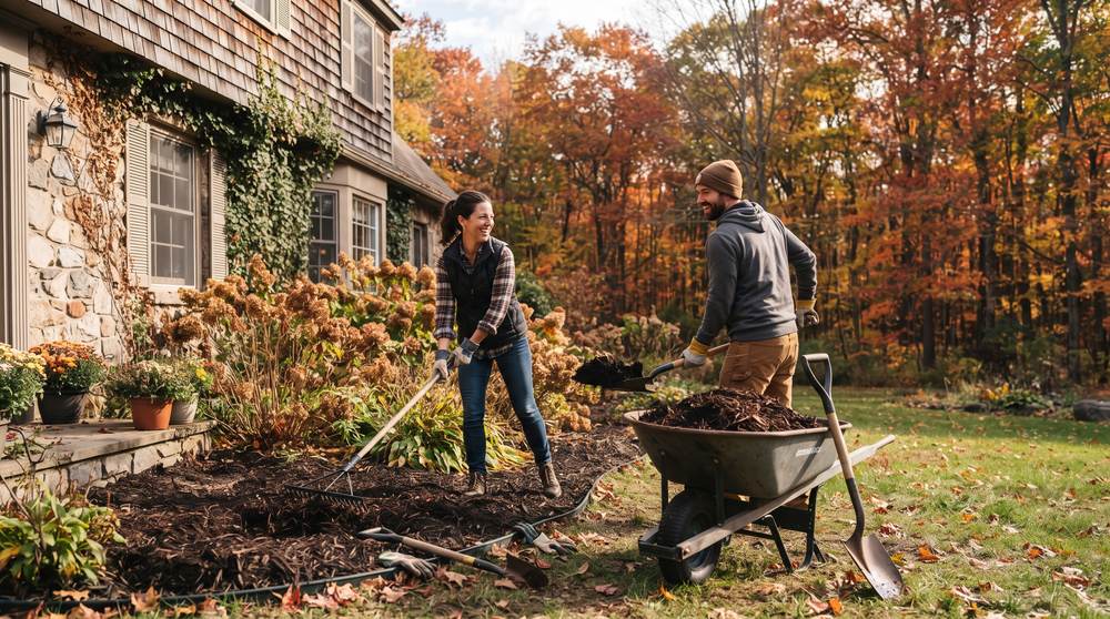 Couple spreading dark mulch in a garden bed beside a stone house in fall
