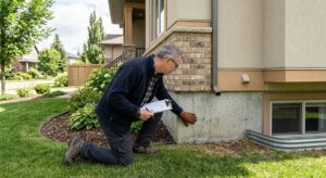 Man kneeling with a clipboard, inspecting a cracked concrete foundation wall outside an Edmonton home