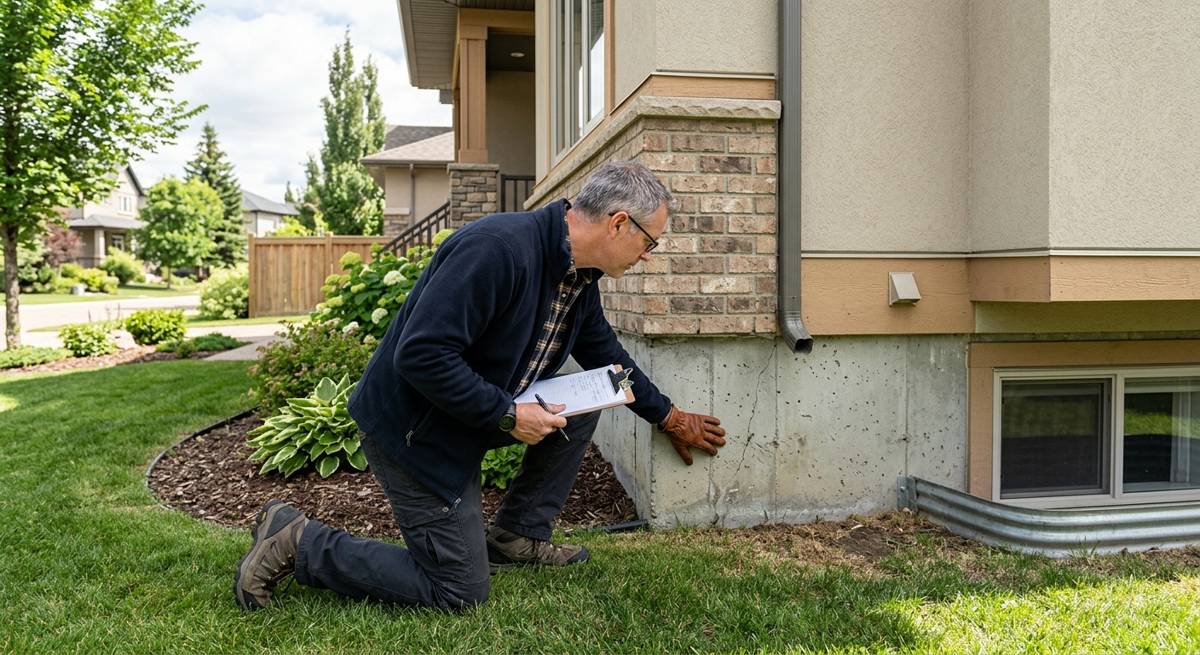 Man kneeling with a clipboard, inspecting a cracked concrete foundation wall outside an Edmonton home