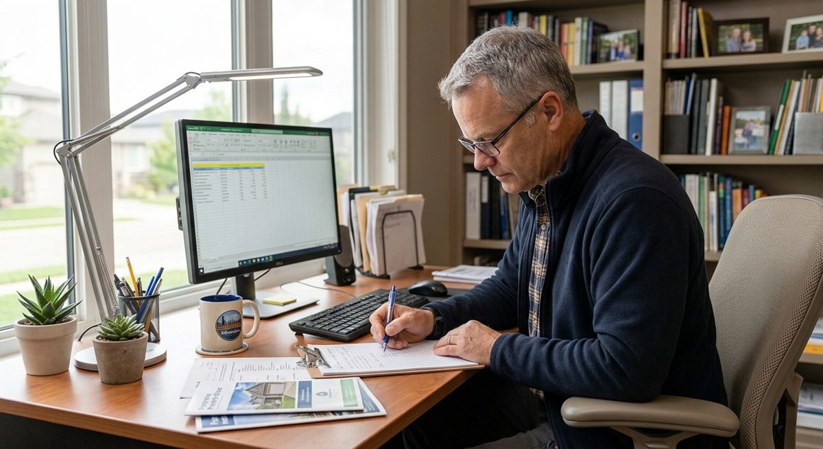 Grey-haired man at a home office desk writing foundation inspection notes on a clipboard