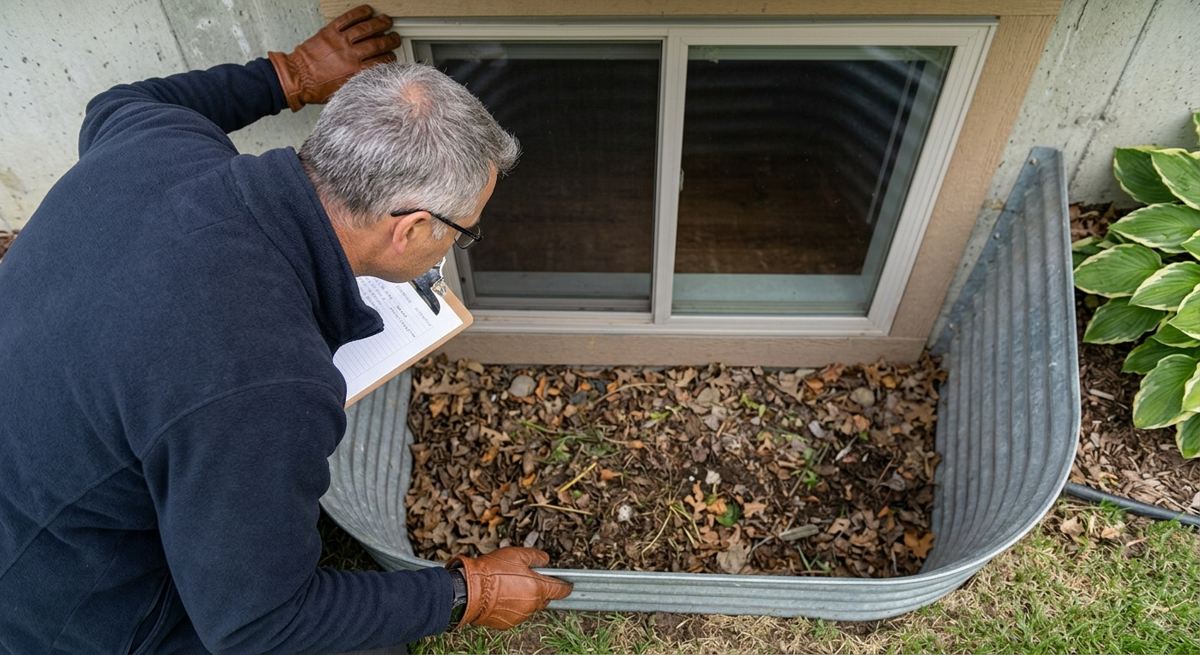 Man in gloves leaning over a window well filled with dead leaves and debris beside a basement window