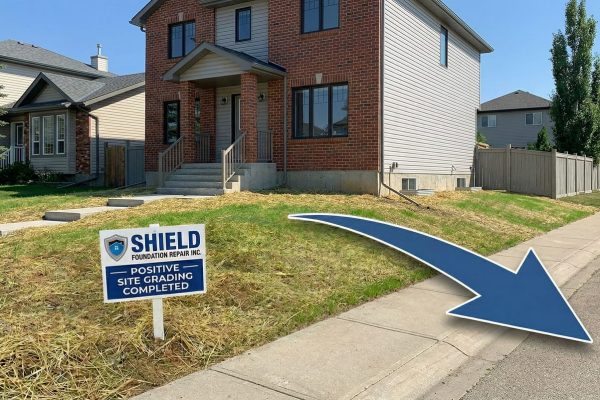 Professional positive site grading by Shield Foundation Repair Inc in an Edmonton residential neighborhood, showing re-seeded grass and a yard sloped away from the foundation to prevent water damage.