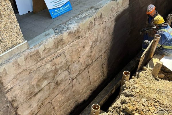 Image of Shield Foundation Repair employees spraying an application of WetSuit waterproofing product.